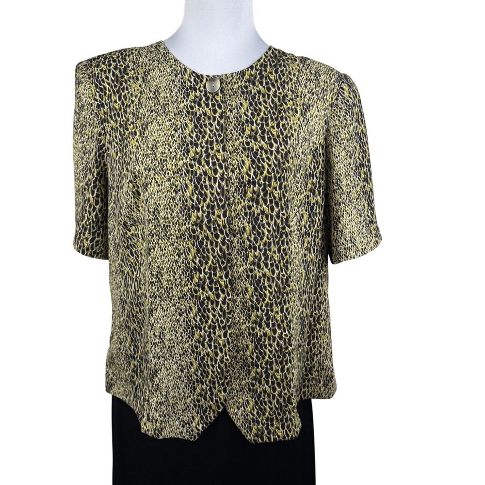 Kathy Che Women Top Sz 14 Black Green Button Down Round Neck Short Sleeve